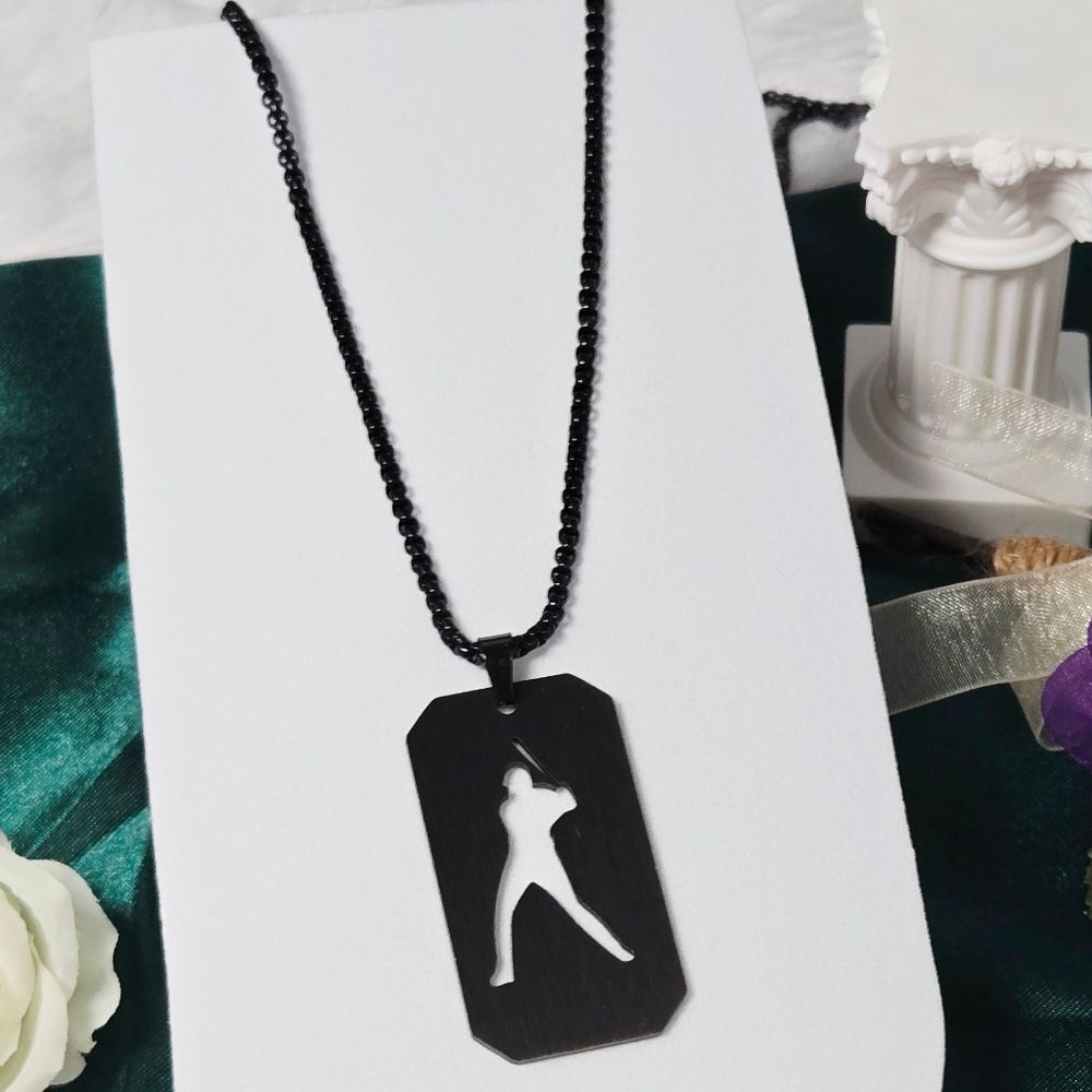 Matte Black Baseball Player Dog Tag Necklace Cutout Batter 24” Stainless Steel